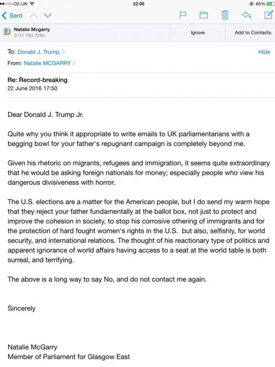 donald trump emails british mp asking for money receives warm hope