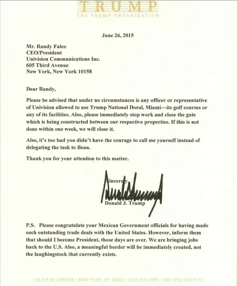 Letter from Donald Trump to Univision. What do you think?