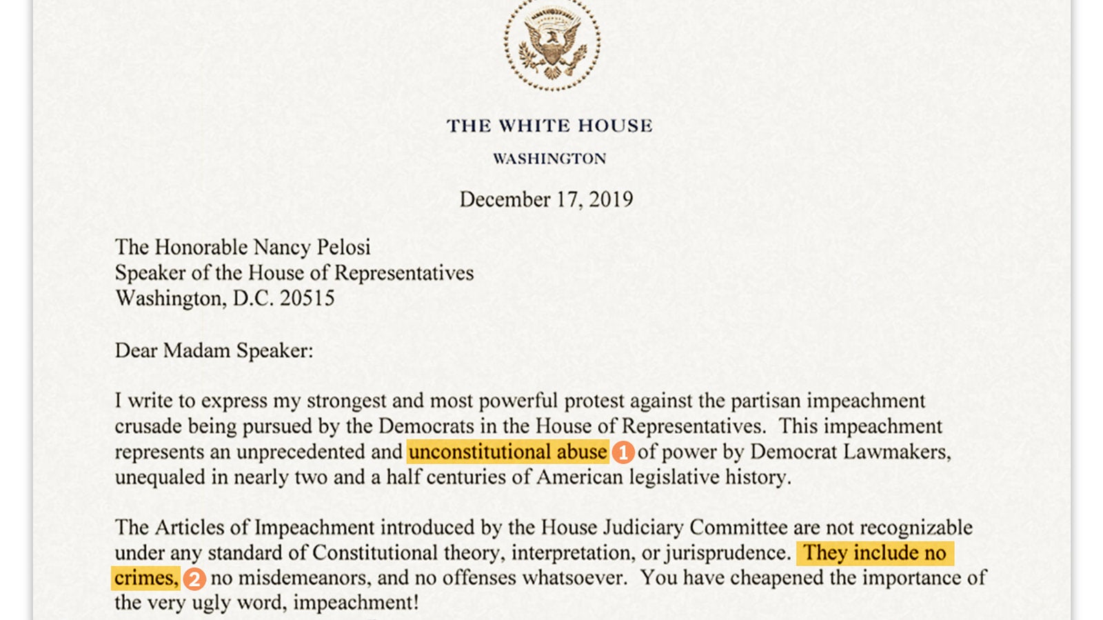 Read Trumps Letter to Pelosi Protesting Impeachment